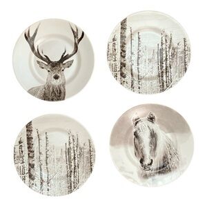 Pier 1 Snow Forest Trees Buck Horse Set Of 4 Salad Plates 8 5/8”